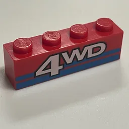 Brick 1 x 4 with '4WD' and Blue Stripes Print / Red