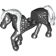 Lego Animal, Horse with Raised Leg, White Braided Mane and Tail, White Spots print / Black