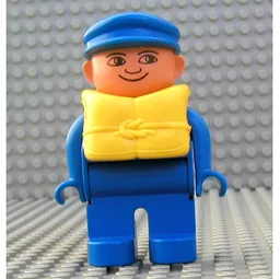Duplo Figure, Early, with Flat Cap Blue, Blue Legs, Life Jacket / Blue
