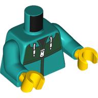 Lego Torso, Hoody, White Zipper, Laces, Dark Green Panel, Black Shirt print, Dark Turquoise Arms, Yellow Hands / Dark Turquoise