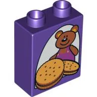 Duplo Brick 1 x 2 x 2 with Teddy Bear & Cookies (Biscuits) Print / Dark Purple