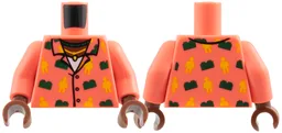 Torso Hawaiian Aloha Shirt, Reddish Brown Neck, Dark Green Bricks, Yellow Minifigs Pattern / Coral Arms / Reddish Brown Hands