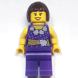 Woman, Dark Purple Outfit with Blouse, Flowers and Gold Sash, Dark Brown Hair