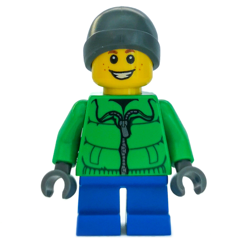 Lego Boy, Green Jacket, Short Dark Blue Legs, Dark Bluish Gray Beanie Hat