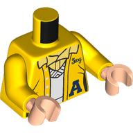 Lego Torso Letterman Jacket, Dark Blue 'A', White Sweater, Bright Light Yellow Shirt print, Yellow Arms, Light Nougat Hands / Yellow