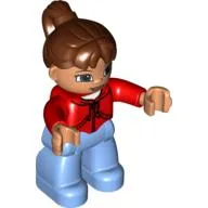 Duplo Figure with Ponytail Reddish Brown, with Brown Eyes, Red Top, Medium Blue Legs / Red