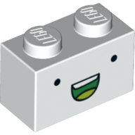 Lego Brick 1 x 2 with Small Black Eyes, Green Open Mouth Smile with Teeth Print / White