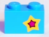 Brick 1 x 2 with Yellow and Magenta Star on Right Side Pattern (Sticker) - Set 41346 / Medium Azure