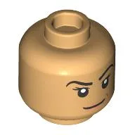 Minifig Head Echo, Peach Lips, Stern Smile, Raised Eyebrow / Angry Teeth / Warm Tan