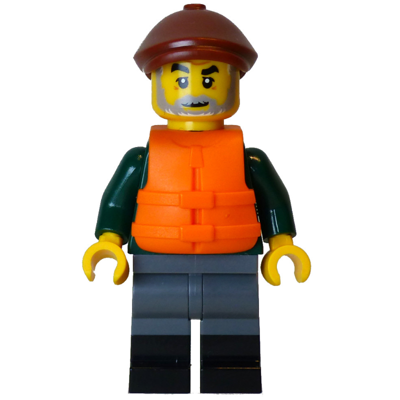 Lego Fisher Man, Dark Green Torso, Dark Bluish Grey Legs, Reddish Brown Cap, Life Vest