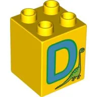 Duplo Brick 2 x 2 x 2 with 'D' and Dinosaur Print / Yellow