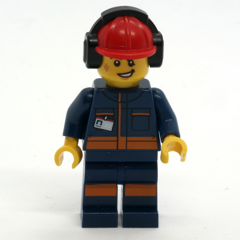 Lego Ground Crew, Dark Blue Jumpsuit, Red Hard Hat with Ear Defenders