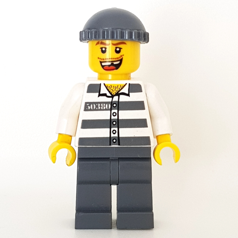 Lego Criminal, Prison Shirt with #50380, Dark Bluish Gray Legs, Dark Bluish Gray Hat, Missing Tooth