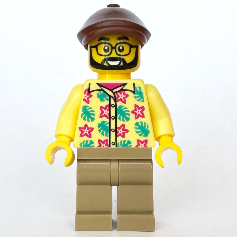 Lego Man, Bright Light Yellow Hawaiian Shirt, Dark Tan Legs, Reddish Brown Flat Cap