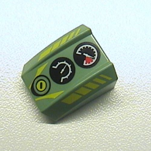 Lego Brick Curved 2 x 2 with Lip, No Studs with Gauges and Yellow Line Print / Sand Green