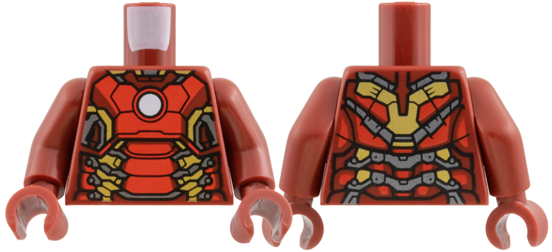 Lego Torso Armor with White Circle, Red and Gold Plates and Silver Accents (Mark 43) Pattern / Dark Red Arms / Dark Red Hands