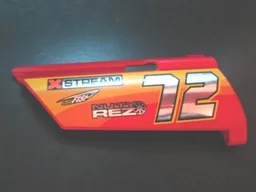 Technic, Panel Fairing #21 Large Long, Small Hole, Side B with Chrome '72' and Racing Logos on Orange and Yellow Pattern (Sticker) - Set 8146