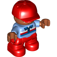 Lego Duplo Figure Child with Cap Red, with Medium Blue Shirt with White Red Blue Stripes - Medium Nougat Face and Hands - Red Legs / Medium Blue