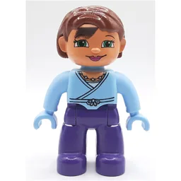 Duplo Figure Bob / Pageboy Hair Reddish Brown, with Dark Purple Legs, Light Blue Wrap Top with Necklace, Light Blue Hands / Bright Light Blue