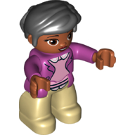 Lego Duplo Figure with Thick Short Hair Combed over Forehead and Bun Black, with Magenta Jacket over Pink Blouse Print - Medium Nougat Face and Hands - Tan Legs / Magenta