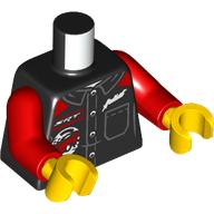 Lego Torso, Jacket, White Tear, Red/White Badge print, Red Arms, Yellow Hands / Black
