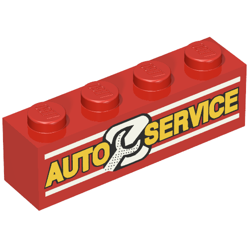 Lego Brick 1 x 4 with Bottom Tubes, Lowered Center Cross Support with 'AUTO SERVICE' and Wrench Print / Red