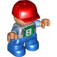 Lego Duplo Figure Child with Cap Red, with Light Bluish Gray Top with Medium Blue Sleeves over Green Shirt with '8' - Nougat Face and Hands - Blue Legs / Light Bluish Gray