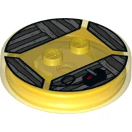 Function Brick Round 4 x 4 x 2/3 with 2 Studs and Video Game Joystick and Wood Grain Print / Trans-Yellow