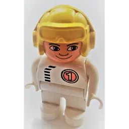 Duplo Figure, Early, Aviator Hat Yellow, White Legs, Black Zipper and '1' Print / White
