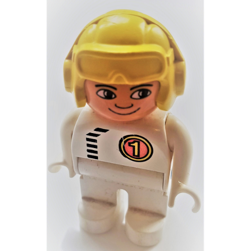 Lego Duplo Figure, Early, Aviator Hat Yellow, White Legs, Black Zipper and '1' Print / White