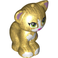 Lego Animal, Cat, Sitting with Lime Eyes, Magenta Nose, and White Markings Print / Pearl Gold