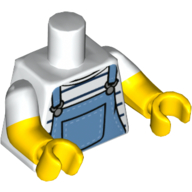 Lego Torso, Dual Molded Arms, Shirt with Black Stripes and Medium Blue Overalls Print, White Sleeves Pattern, Yellow Arms and Hands / White