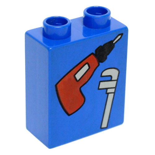 Lego Duplo Brick 1 x 2 x 2, with Electric Drill and Wrench Print / Blue