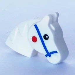 Animal Body Part, Horse Head (Toy Horse) with Blue Reigns, Red Spot, Black Eyes Print / White