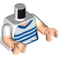 Lego Torso, Dual Molded Arms with Shirt, Blue Collar, Stripes print, White Sleeves Pattern, Light Nougat Arms and Hands / White
