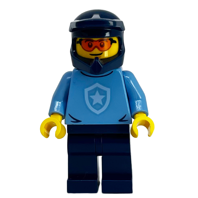 Lego Police Officer, Sweater with Police Badge, Dark Blue Helmet, Orange Glasses