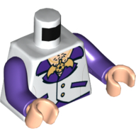 Lego Torso Vest with Open Shirt, Bat Medallion and Hairy Chest Print (Batman), Dark Purple Arms, Light Nougat Hands / White