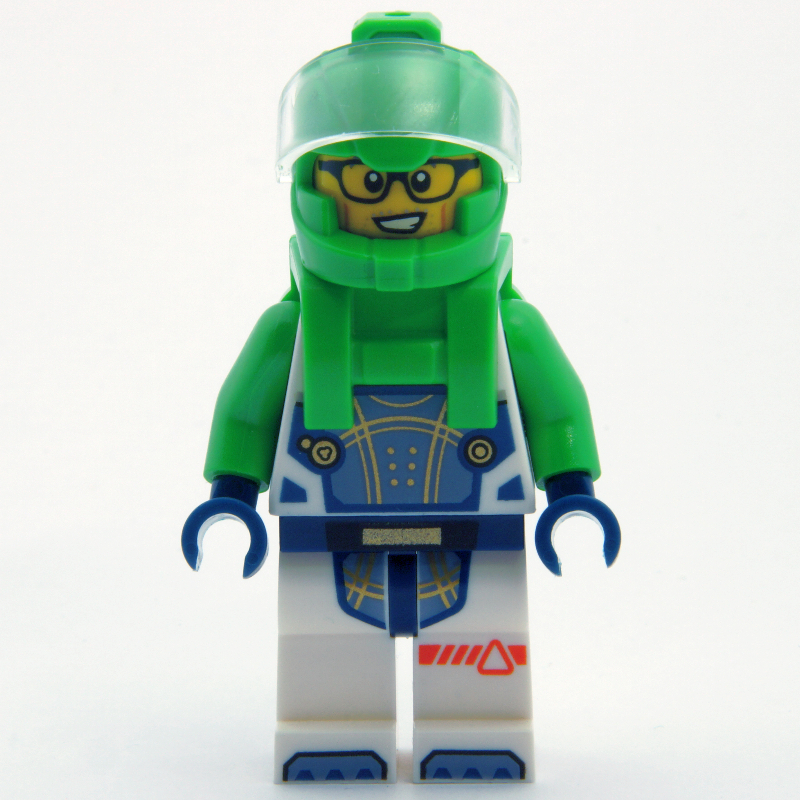Lego Astronaut, White Spacesuit, Bright Green Backpack and Helmet, Glasses