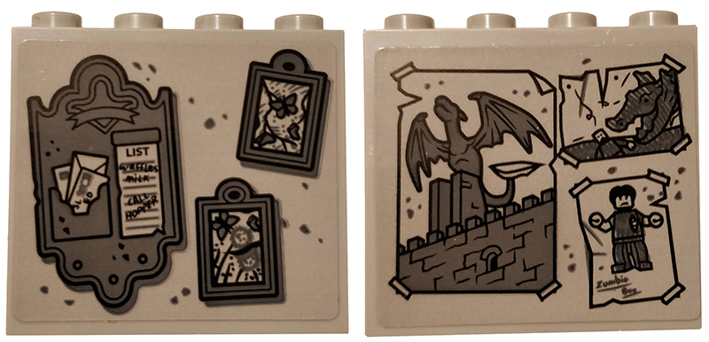 Lego Brick 1 x 4 x 3 with Gray Paintings, Letter Holder with List, Drawings of Dragons, Zombie and Castle Pattern on Both Sides (Stickers) - Set 75810
