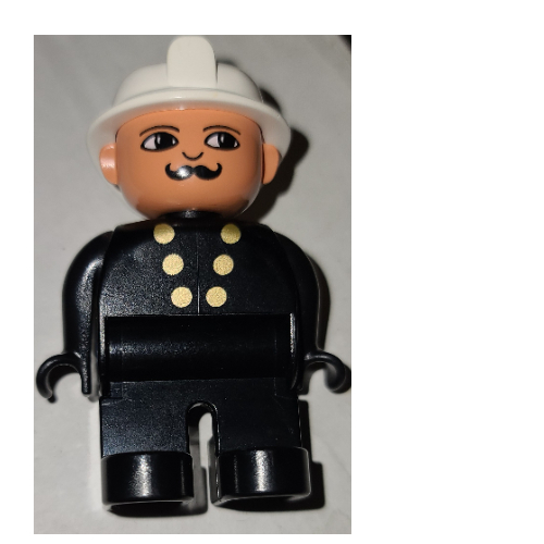 Lego Duplo Figure, Early, Fire Helmet White, Black Legs, Gold Buttons, Moustache Print / Black