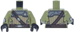 Torso SW Dark Tan and Light Bluish Gray Armor, Dark Brown Belt and Strap with Ammo, Silver Round Badge Pattern / Olive Green Arm Left / Olive Green Arm Right with Silver Gauntlet and Elbow Pad Pattern / Black Hands