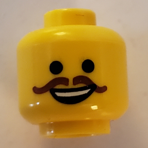 Lego Minifig Head Emmet, Open Mouth Smile and Curly Reddish Brown Moustache Print / Yellow