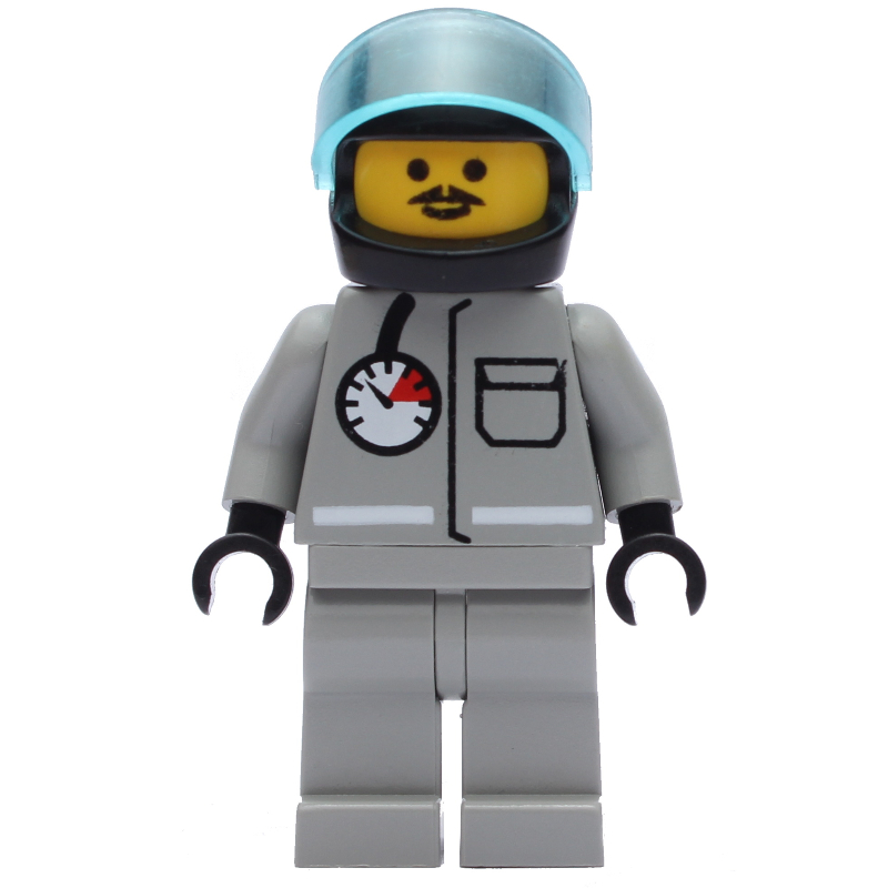 Lego Fireman, Shirt with Gauge and Pocket, Light Gray Legs, Black Helmet with Visor