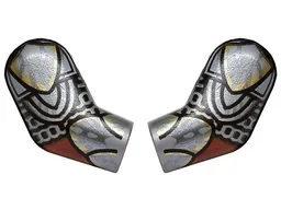Arm, (Matching Left and Right) Pair with Chain Mail, Armor Plates with Black Outlines, Dark Red, Gold and Dark Silver Highlights Pattern / Flat Silver