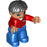 Duplo Figure Side Parted Hair Black, with Blue Legs, Red Shirt with Pockets and Name Tag, Brown Eyes, Nougat Hands / Red
