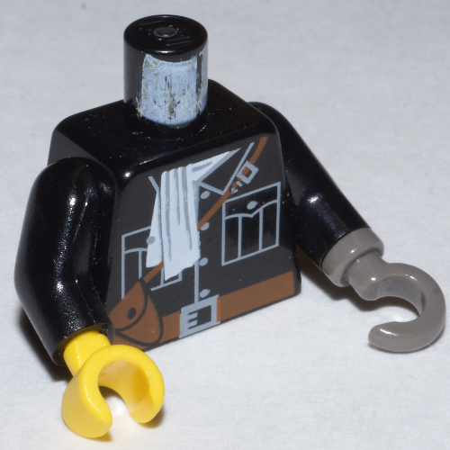 Lego Torso Jacket, White Scarf, Brown Belt Print, Black Arms, Yellow Hand Right, Dark Gray Hook Left / Black