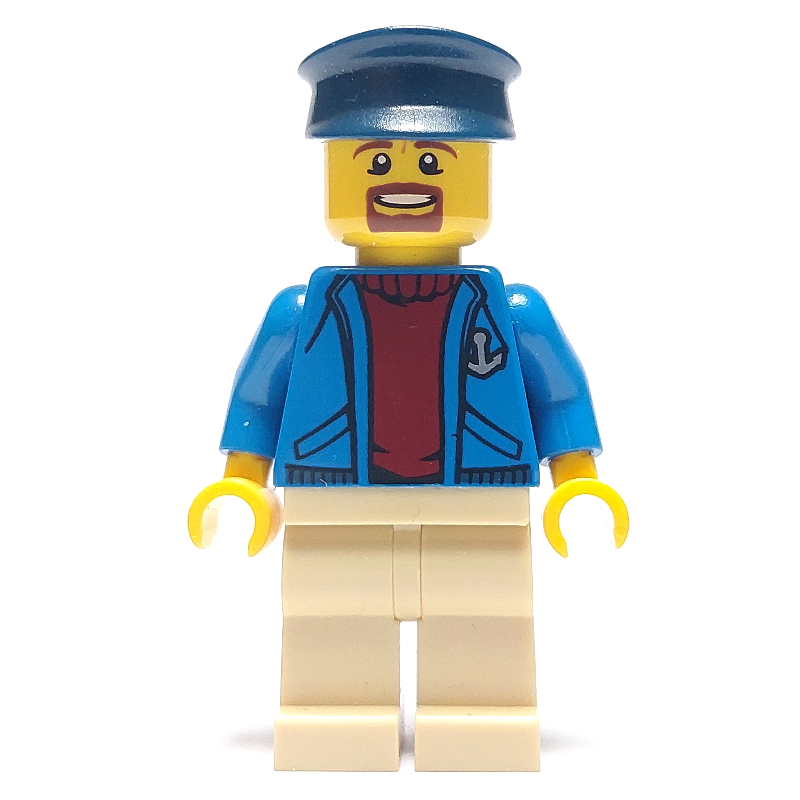 Lego Ship Captain, Open Blue Jacket with Anchor over Dark Red Sweater, Tan Legs, Dark Blue Hat, Goatee Beard