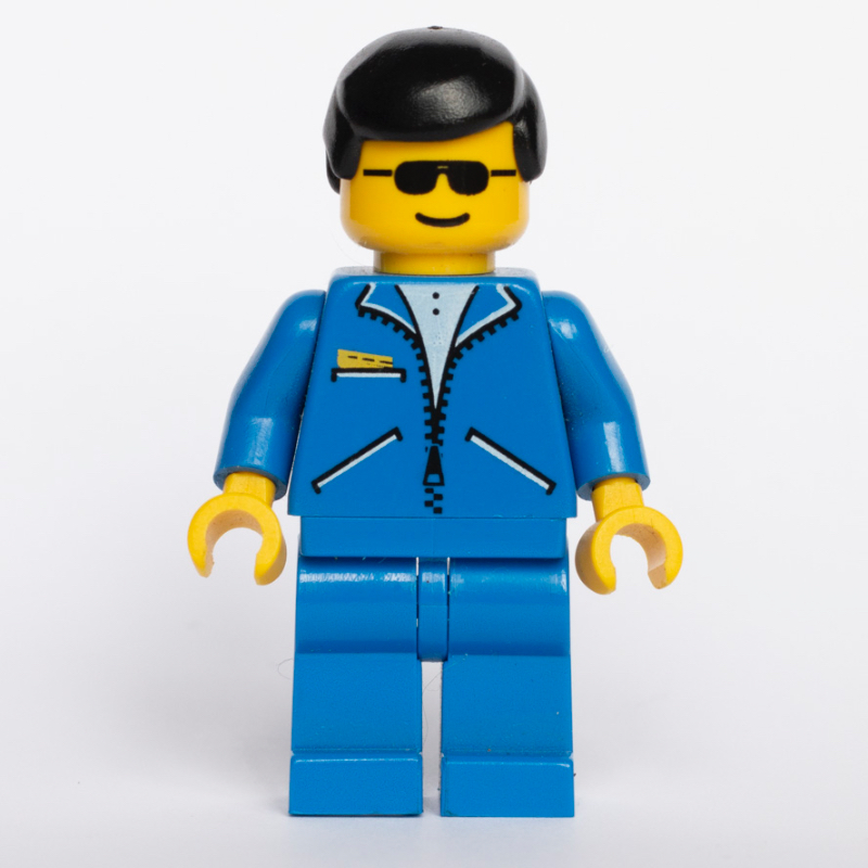 Lego Man, Blue Jacket with Zipper, Blue Legs, Black Hair, Sunglasses