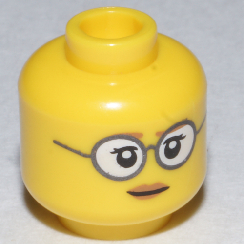 Lego Minifig Head Paleontologist, Glasses with Gray Frames and White Lenses, Eyelashes, Pale Brown Lips Print / Yellow