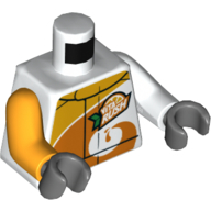 Lego Torso, Odd Arms, Racing Jacket with Bright Light Orange Collar and Orange Swirl, 'Vita Rush' Logo Print, Left White Arm, Right Bright Light Orange Arm, Dark Bluish Gray Hands / White